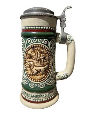 1978 Vintage Avon German Style Ceramic Beer Stein Pewter Hunter Fisher Numbered